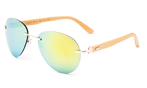 Newbee Fashion - Bamboo Arm Oversized Rimless Aviator Sunglasses with Flash Lens Bamboo Sunglasses for Men & Women2