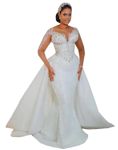 Plus Size Sequins Detachable Train Lace Bridal Ball Gowns Mermaid Wedding Dresses for Bride Long Sleeves Ivory
