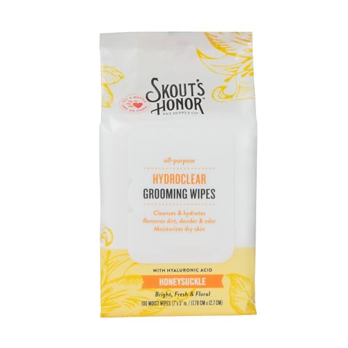 SKOUTS-HONOR-HydroClear-Grooming-Wipes-wHyaluronic-Acid-for-Your-Dogs-and-Cats-Great-for-Hydration-of-Your-Pets-Skin-and-Fur-Honeysuckle-Fragrance-100ct SKOUT'S HONOR HydroClear Grooming Wipes w/Hyaluronic Acid - for Your Dogs and Cats - Great for Hydration of Your Pets Skin and Fur - Honeysuckle Fragrance - 100ct - Image 1