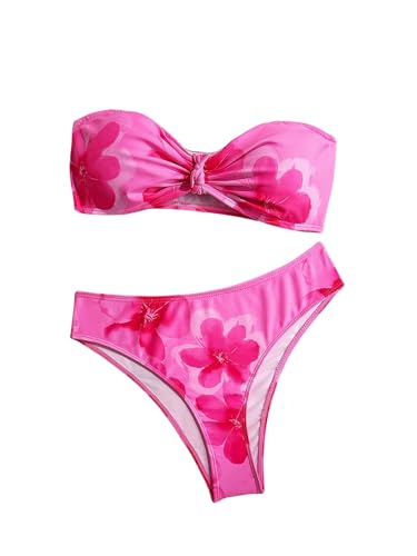 OYOANGLE Girl's 2 Piece Strapless Swimsuits Boho Floral Twist Ruched Bandeau Bathing Suit Swimwear