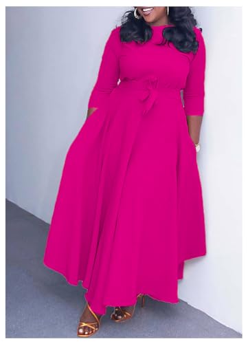 Image of Hostoyo Women Plus Size Formal A Line Maxi Dress Self Tie Waist with Pockets Elegant Round Neck Swing Long Dresses