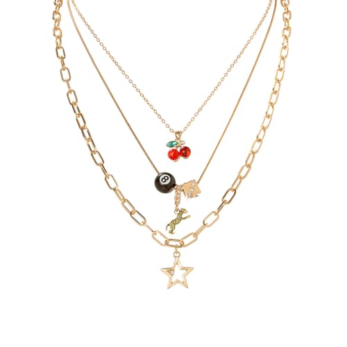 Image of SANNIDHI 3 Piece Y2K Layered Necklace Set for Women, Gold Tone Alloy Multi Layer Stacked Necklace with Cherry Pendant, Trendy Retro Aesthetic Jewelry
