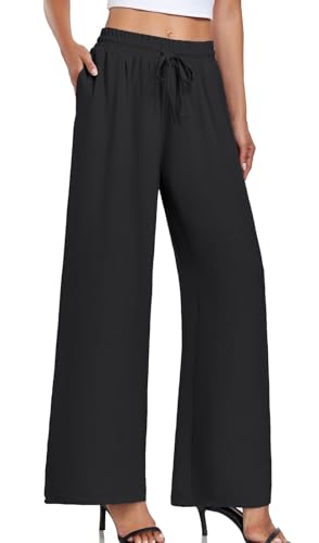 Women's Casual Pants Loose Fit Palazzo Pant Elastic Waist Drawstring Tie Knot Trousers with Pockets2