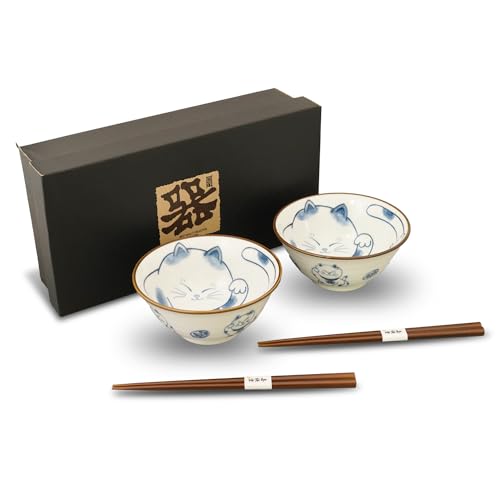 COTONOHA Mino Ware Cat-Design Rice Bowl & Wakasa-Nuri Wooden Chopsticks Pair Set - Artisan Japanese Tableware for Various Dishes, Presented in an Elegant Black Box (Lucky Cat)