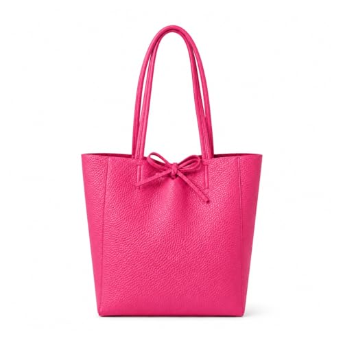 Image of LeahWard Medium Leather Tote Bag with Bow Detail, Shoulder Bag For Women, Women's Leather Handbag (Fuchsia)