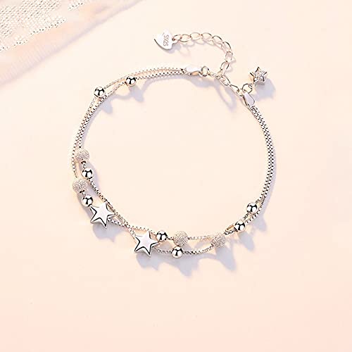 Image of Silver Bracelet For Women 925 Silver,Double-Layer Stars Shiny Round Balls Box Chain S925 Sterling Silver Bracelet Adjustable Charm Simple Romantic Jewelry Gift For Women Girl Couples