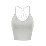 ODODOS Seamless Padded Sports Bra for Women Strappy Longline Wirefree Brami Ribbed Crop Tank Tops, Washing Grey, X-Small/Small