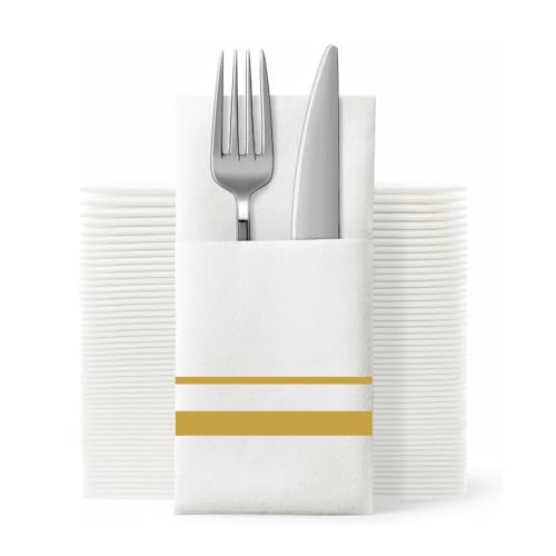 SUZZYVINE Lot de 50 serviettes de table jetables avec poche intégrée pour couverts - Serviettes en tissu pour fête de mariage - Élégantes au toucher lin - Serviettes de poche pré-pliées pour