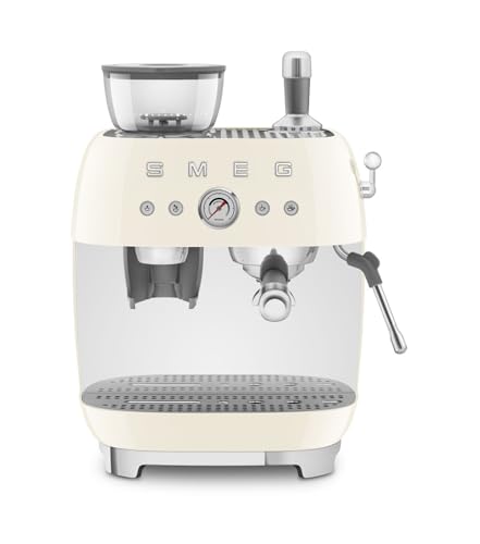 Smeg, EGF03CREU, manuelle Espressomaschine, mit integrierter Kaffeemühle, Thermoblock, 4 Temperaturstufen, Dampfdüse und Druckmesser, 1-l-Tank, kompakte Größe, 1350 W, Creme