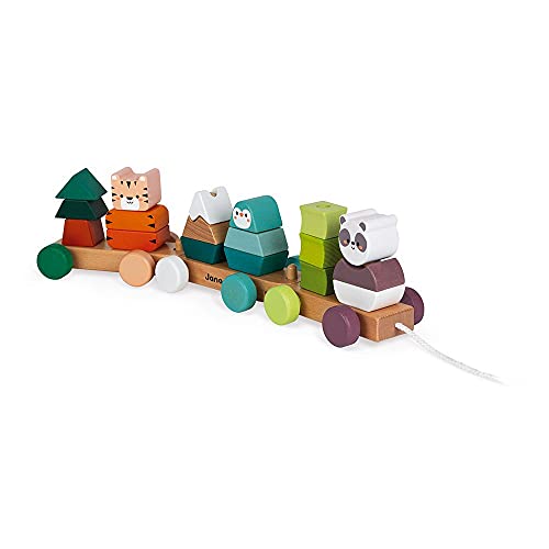 Image of Janod World Wildlife Federation - Pull Along 21 Piece Animal Stacking Train - Ages 2+ - J08603