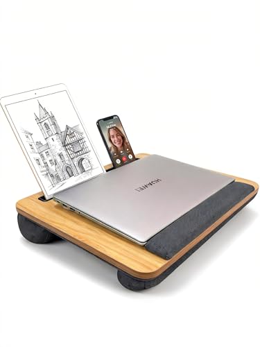 Lap Desk for Bed Sofa – 40x34cm Laptop Tray with Cushion, Handle Wrist Rest,Portable Wooden Pattern Lapdesk for 15.6” Laptop, Lightweight Table for Work or Study (Light Brown)