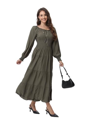 Image of OSTOO Women's 2026 Casual Long Sleeve Square Neck Smocked High Waist Flowy Maxi Dress,Boho Tiered Beach Party Dress