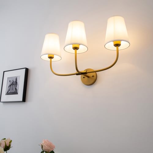 Image of Pathson 3 Lights Fabric Wall Sconce Lamps Pure White Fabric Lampshade, Vintage Fabric Wall Vanity Light, E26 Bulb Base Brass Wall Lighting Fixtures Decor for Living Room