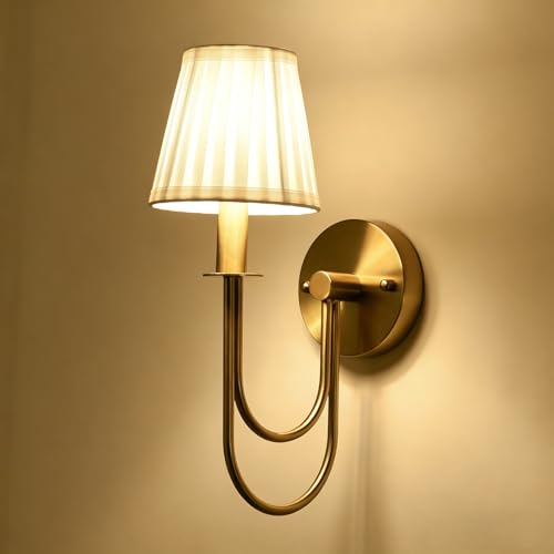 Image of ETONIMERR Antique Brass Wall Sconces Set of Two, White Pleated Fabric Wall Light Fixtures with Gold Curved Arm, Vintage Gold Wall Sconce for Bedroom Living Room Hallway, Brass Finish Sconces