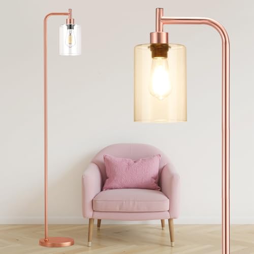 Ziisee Floor Lamp with Clear Glass Shade - Industrial Standing Lamp with LED Bulb, Modern Tall Floor Lamps for Living Room Bedroom Office - Pink
