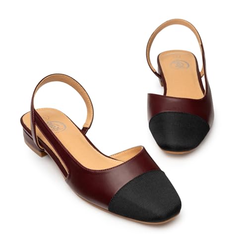 Image of Trary Slingback Flats for Women, Black Dressy Comfortable Round Square Toe Shoes, Work Office Casual Ankle Strap Dress Flats
