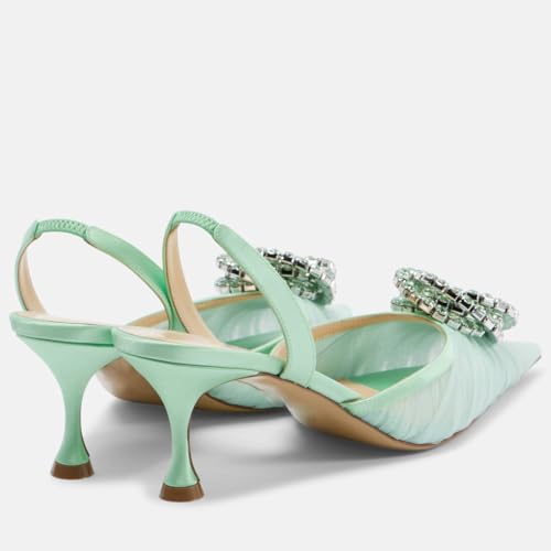 Women's Elegant Slingback Pumps Sparkly Rhinestone Embellished Tulle Sandals Pointed Toe Kitten High Heels for Wedding Party Prom Evening Shows3