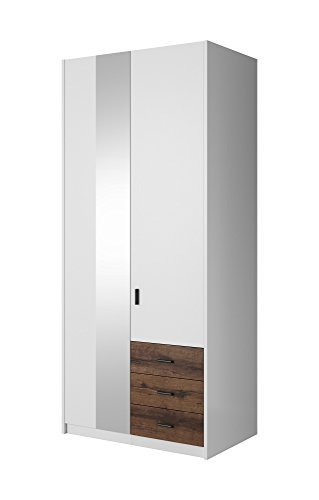 Preisvergleich Produktbild Furniture24 Kleiderschrank Gamma 18 Schrank Drehtürenschrank Schlafzimmerschrank Universalschrank (weiß matt / Monastery Eiche mit Spiegel, 94 / 216 / 60 cm)