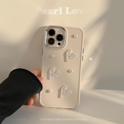 LSOUGUK Compatible with iPhone 12/12 Pro Case for Girls Women,Cute 3D Love Heart Pearl Design Protection Case Fashion Slim Soft TPU Shockproof Protective Cover for iPhone 12/12 Pro-Creamy White - Image 2