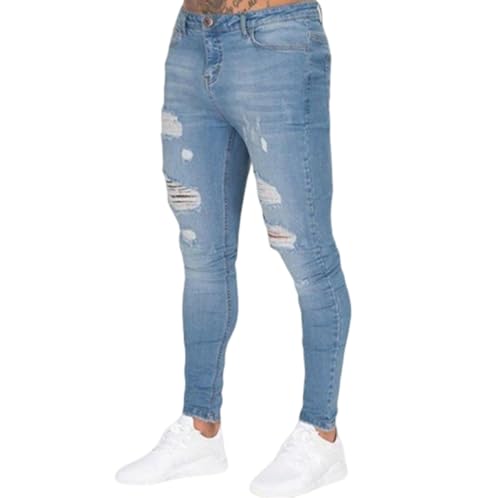 Jeans Pants Trousers Denim Water Washed Stretch Tight Holes Knee Piercing Street Trendy Small Leg for Men