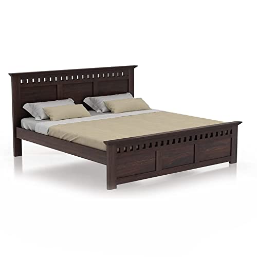 Image of STRATA FURNITURE Sheesham Wood Queen Size Bed Without Storage | Wooden Double Bed Cot Bed Furniture for Bedroom Living Room Home (Walnut Finish)