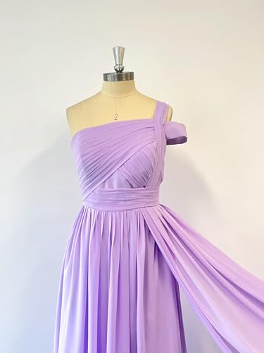 One Shoulder Chiffon Bridesmaid Dresses Long with Slit A-line Ruched Formal Gowns for Women with Pocket WO0764