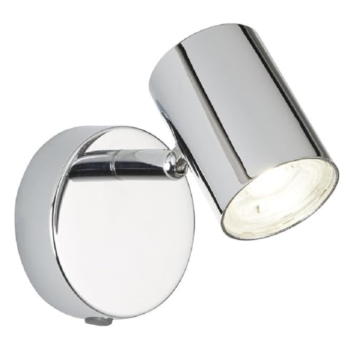 Britalia LED Polished Chrome Metal Modern 1 Lamp Cylindrical Head Switched Wall & Ceiling Spot Light | 9cm Diameter | 350 Lumen 3000k Warm White | Adjustable Chrome Neck | Retro Industrial Vibe