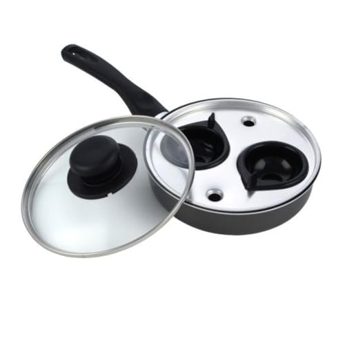 Easy Shopping 2 Cup Egg Poacher Pan Non Stick Egg Poaching Pan Aluminium Poached Egg Maker 20cm with Glass Lid and Grip Black Handle