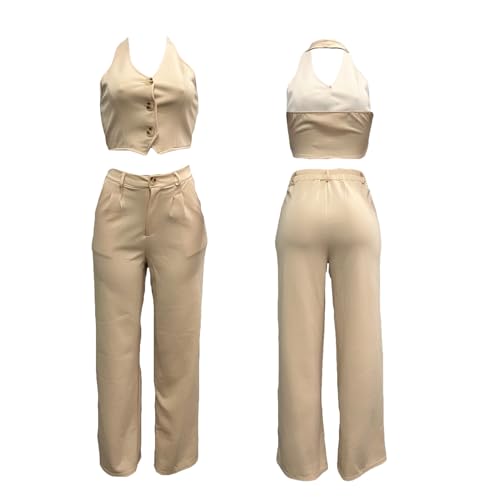Womens 2024 Summer 2 Piece Outfits Dressy Casual Halter V Neck Crop Tops Blazer Vest Wide Leg Pants Suit Sets4