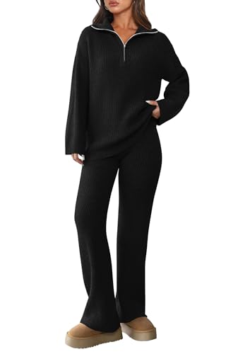 PRETTYGARDEN Womens Winter 2 Piece Sweater Set Long Sleeve Quarter Zip Sweatshirt Wide Leg Pants Fall Outfits Tracksuit (Black,Medium)
