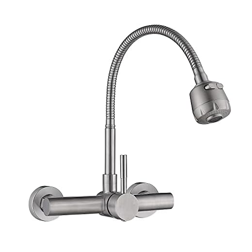 Wall Mount Faucet with Sprayer 8 Inch Center ,Commercial Kitchen Sink Faucet ,Brushed Nickle Stainless Steel Sink Mixer Tap ,Laundry Utility Faucets with Pull Down Sprayer ,NSF Lead-Free