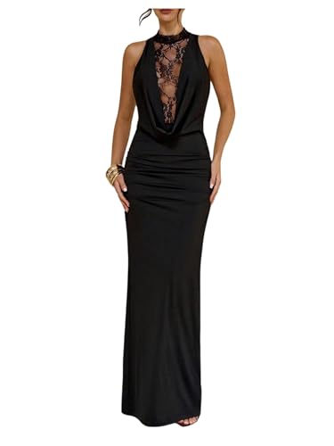 SweatyRocks Women's Lace Patchwork Maxi Formal Dresses Draped Sleeveless Party