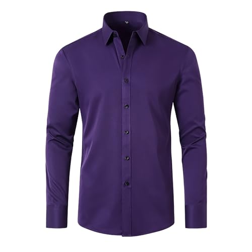 Camisa casual de manga larga para hombre, no necesita planchado, comodidad elástica, color liso, con botones, mezcla de algodón suave para negocios y uso diario, Morado (, XXL