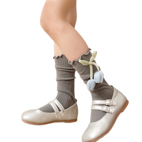 Children Dress Socks for Autumn Spring Stretchy Kneehigh Socks for Student Breathable Ruffle Trim Socks for Little Girl