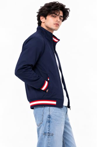 Image of Ben Martin Men's Jacket || Lightweight Casual Jacket with Standing Collar || Full Sleeve Zip-Up Windcheater Jacket with Striped Ribbed Cuffs & Hem