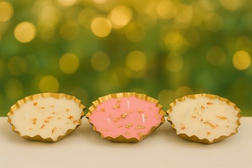 Image of Luxury Pink & White Scented Candle Set - Pack of 3 | Rose, Vanilla, Camphor Aroma | Decorative Urli Candles with Gold Leaf Design | Perfect for Home Decor, Gifting, Functions