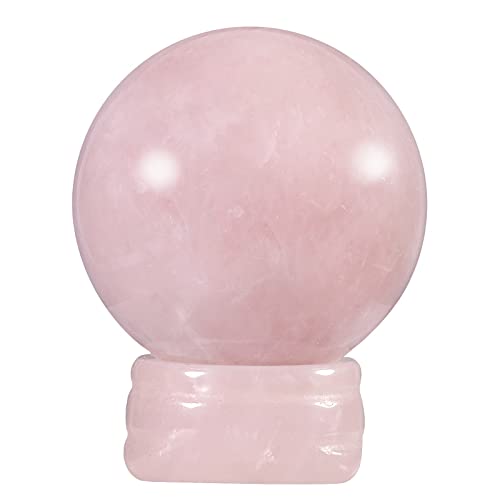 Cheungshing 40mm Natural Rose Quartz Crystal Ball with Stand Base, Polished Feng Shui Protection Stone Ball for Home Decor Meditation