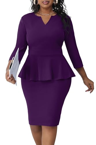 Image of Runwind Plus Size Dresses for Curvy Women, Work Church Professional Office Vintage Peplum Pencil Dress V Neck 3 /4 Sleeve