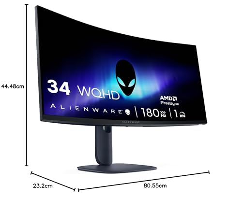 Alienware 34 Écran PC Gaming - AW3425DWM, WQHD (3440x1440), 21:9 1500R Incurvé, 180Hz, VA, 1ms, AMD FreeSync Premium, VESA AdaptiveSync, 95% DCI-P3, HDR400, DisplayPort, 2 HDMI, 3 USB, Garantie 3 Ans