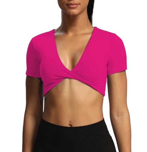 Image of Aoxjox Short Sleeve Crop Tops for Women Sienna Twist Deep V Workout Cropped T Shirt Top (Rose Red, Small)