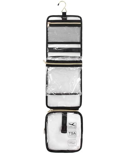 Hanging Toiletry Bag TSA Approved Clear Toiletry Bag for Women and Men 2 in 1 Removable TSA Liquids Travel Bag Waterproof Carry On Airline 3-1-1 Compliant Bag Quart Sized (PU Leather Black Small)