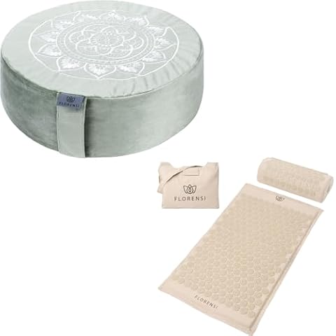 Florensi Meditation Cushion & Acupressure Mat Set Bundle - Comfortable Zabuton Floor Meditation Pillow - 100% Linen Cotton Acupuncture Mat and Pillow Set for Back Pain Relief Cover