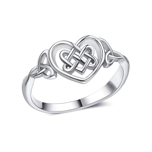 Platinum Plating Celtic Knot Heart Rings for Women High Polish Tarnish Resistant Eternity Wedding Band Hollow Out Geometric Jewelry