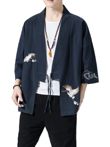 Image of Men's Japanese Kimono Cardigan Loose Cotton Linen 3 /4 Sleeve Open Front Casual Summer Shirt Jackets