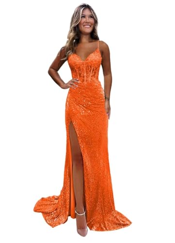 Stylefun Orange V Neck Pleated Prom Dresses 2025 for Women Lace Sequin Mermaid Long Ball Gown with...