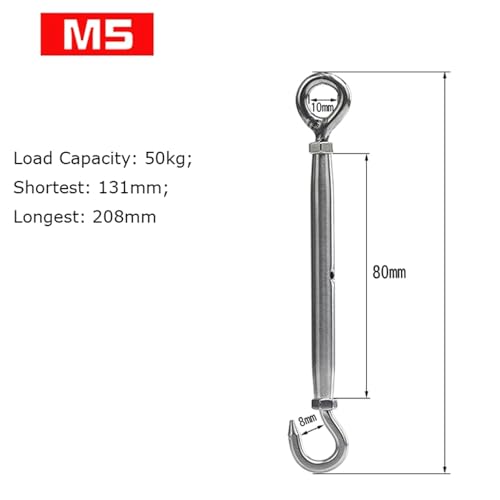 Tensor de Cuerpo Cerrado de Acero Inoxidable 304, Tipo Gancho y Ojal con Rosca Invertida para Tensado de Cable de Alambre (M5) miniatura 2
