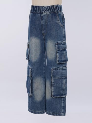 JEYPINMI Youth Girls Wide Leg Baggy Trousers Boyfriend Denim Pants with Pockets High Waist Cargo Jeans2