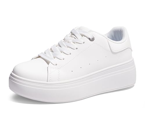 TIMEJOY Women's Platform Fashion Sneakers Faux Leather & Anti-Slip Sole Classic Tennis Shoes for Casual Lace up Sport & Walking(7US White)