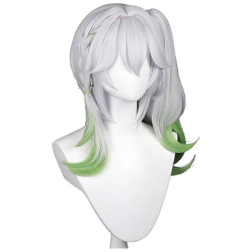 Queue de cheval bouclée verte et blanche pour cosplay anime avec frange