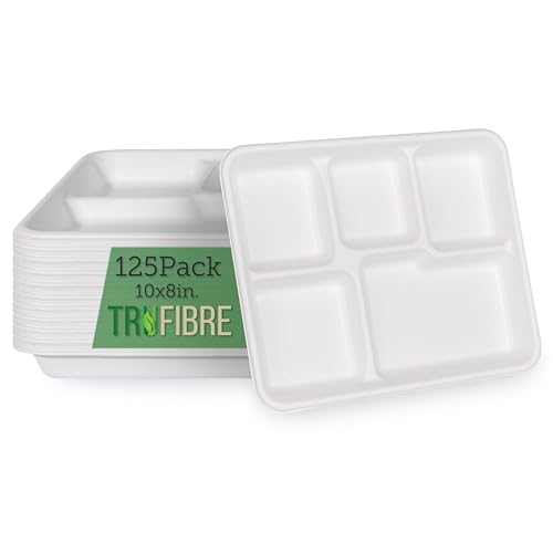 TruFibre 5 Compartment Plates, 100% Natural Disposable Biodegradable Plates, Lunch Trays for Cafeteria, Food, Meals, Dinner, Bulk, 10.35x8.35 Inch,125 Pack